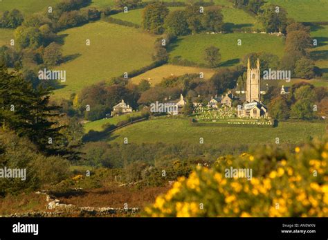 Widecombe church and village from above Widecombe in the moor Dartmoor ...