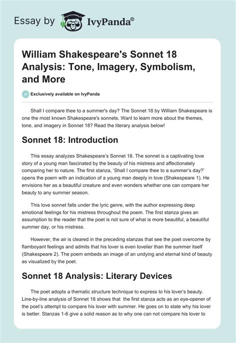 William Shakespeare's Sonnet 18 Analysis Essay: Tone, Imagery ...