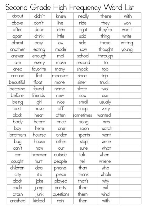 Printable 2nd Grade High Frequency Words