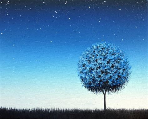 Blue Night Landscape Painting, Starry Night Sky At Twilight, ORIGINAL ...