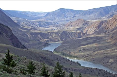 The Fraser River valley south of Big Bar Ferry. Fraser River flows in a ...