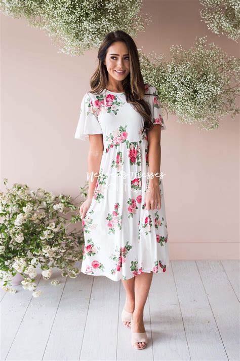 Ivory/Pink Floral Midi Modest Church Dress | Best and Affordable Modest ...