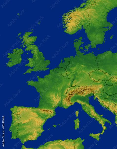 Western Europe Map with Terrain Stock Illustration | Adobe Stock