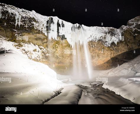 Seljalandsfoss, Iceland View of Seljalandsfoss waterfall at night Stock ...