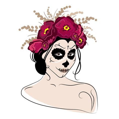 Premium Vector | Woman face with skull catrina makeup and flower wreath ...