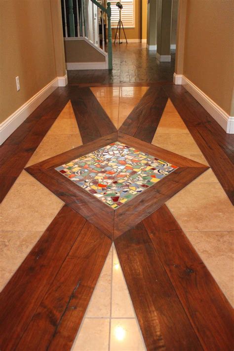 Entry floor design - distressed walnut hardwood, travertine tiles ...