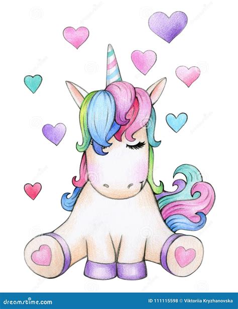 Cute Sitting Unicorn Cartoon with Hearts. Stock Illustration ...