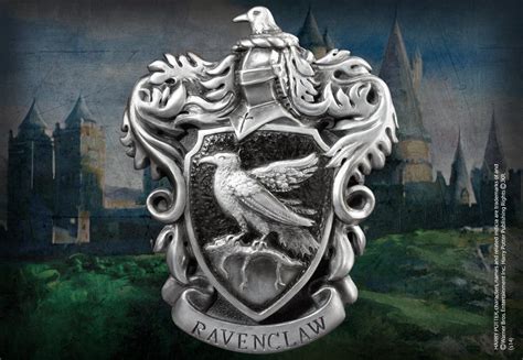 the ravenclaw crest is shown in front of an image of hogwart's castle