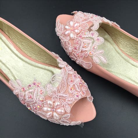 blush pink wedding shoes,bridal peep toe flats,pink open toed lace ...