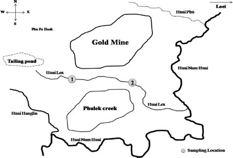 The gold mine area and the location of the two studied sites (1 and 2 ...