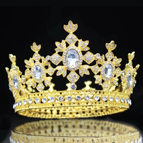 Gold Crystal Royal Bridal Tiara Crown Full Round Queen Vintage Crown ...