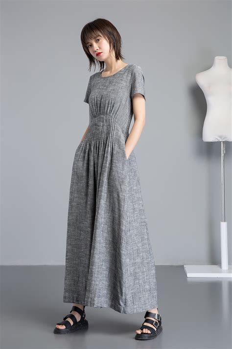 Gray linen dress long linen dress with pleated on waist | Etsy Grey ...