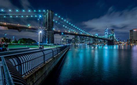 Download Light Blue Night New York Bridge Man Made Brooklyn Bridge Image