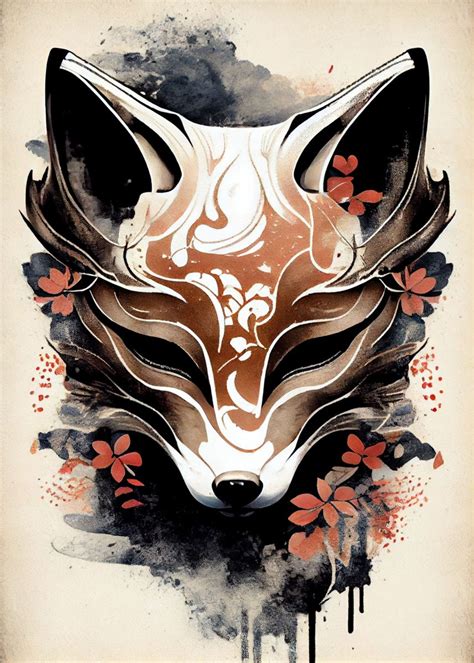 'Kitsune Fox Mask Ink Wash' Poster, picture, metal print, paint by ...