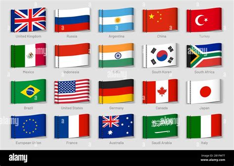 National flags fabric tags. G20 countries labels, official country flag ...