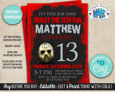 Friday the 13th Birthday Invitation Friday the 13th - Etsy