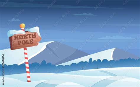 North pole road sign. Snowy background with snow trees night woods ...