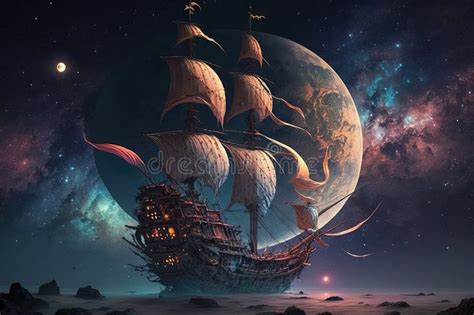 A Painting of a Ship Floating in the Ocean at Night Stock Illustration ...