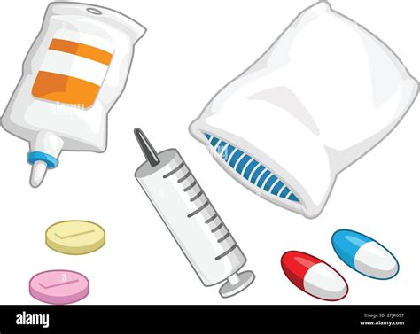 Medical Syringe Pills Capsule IV Drip Hospital Cartoon Vector Drawing ...