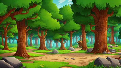 A Cartoon Forest Scene With Rocks And Trees Background Backgrounds ...