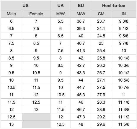 Standard Size Chart - Soccer Shoes - Soccer Chief