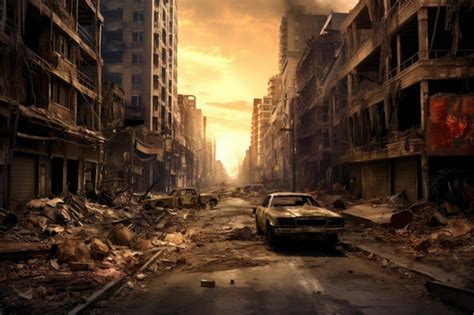 Premium AI Image | A street scene with a destroyed city and a car in ...