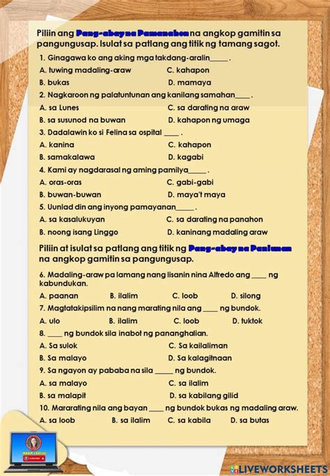 Pang-abay na pamanahon at panlunan worksheet | Worksheets, Tagalog ...