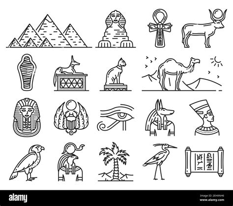 Egypt thin line icons of ancient gods and religion symbols. Sphinx ...