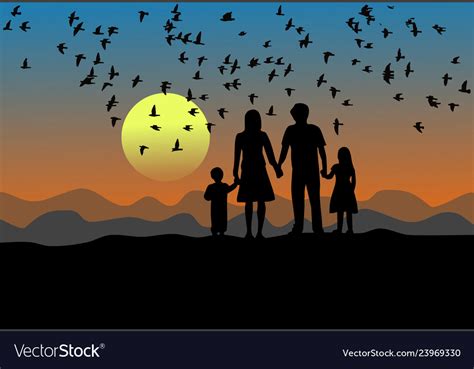 Silhouette family are standing at sunset Vector Image