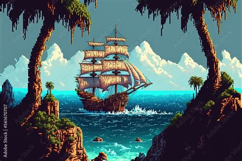 Pixel art pirate ship sailing near the island, background in retro ...