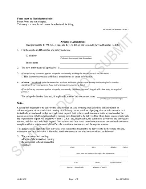 Colorado Articles of Amendment - Nonprofit Corporations - Sample - Fill ...