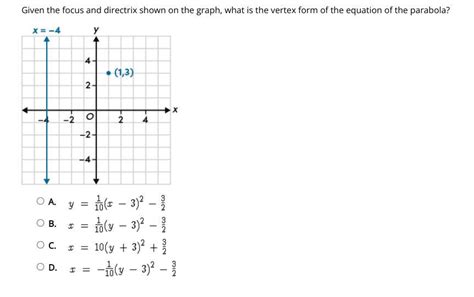 Select the correct answer.Given the focus and directrix shown on the ...