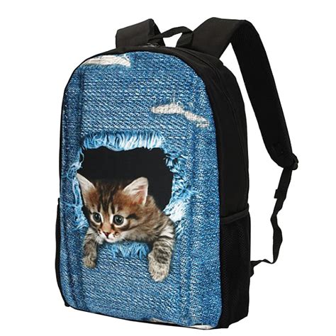 2017 Fashion 3D Printing Denim Cat Backpack for Children High Primary ...