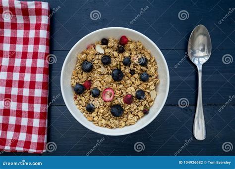 Breakfast Cereal Bowl with Spoon on Table Stock Photo - Image of flat ...