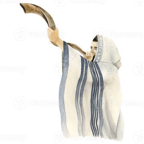 Shofar blowing by Jewish man in talit on Yom Kippur and Rosh Hashanah ...