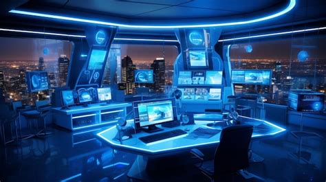 Premium AI Image | Futuristic office illuminated by blue lighting ...