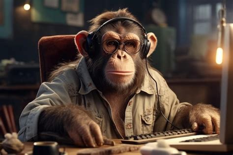 Premium AI Image | Funny serious monkey while working online at the ...