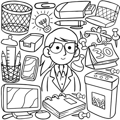 a line art drawing of a business owner with various items including a ...