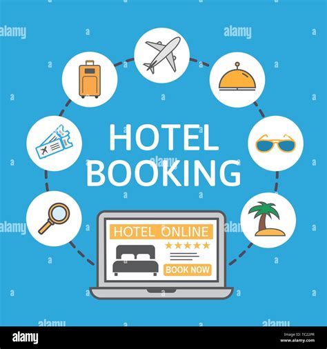 Online hotel booking. Laptop with holiday icons. Holiday vacation ...