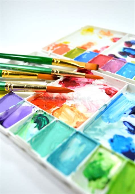 Watercolor Palette And Paintbrushes Stock Image - Image of white ...