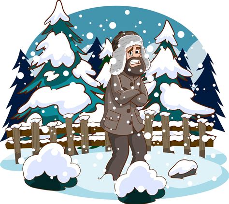 Vector illustration of man getting cold in snowy weather. Man walking ...