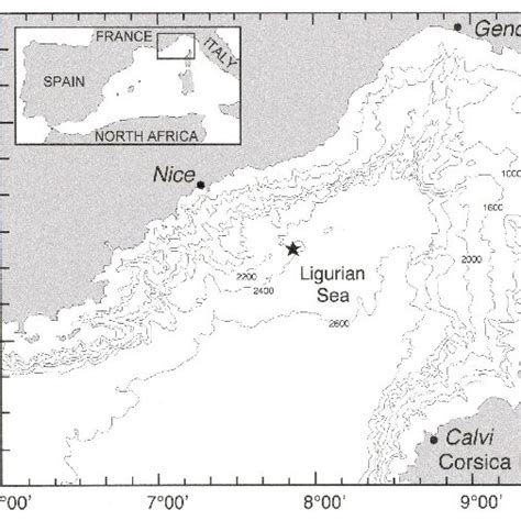 Map of the Ligurian Sea in the NW Mediterranean showing the location of ...