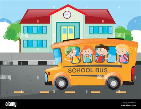 Kids riding on school bus to school illustration Stock Vector Image ...