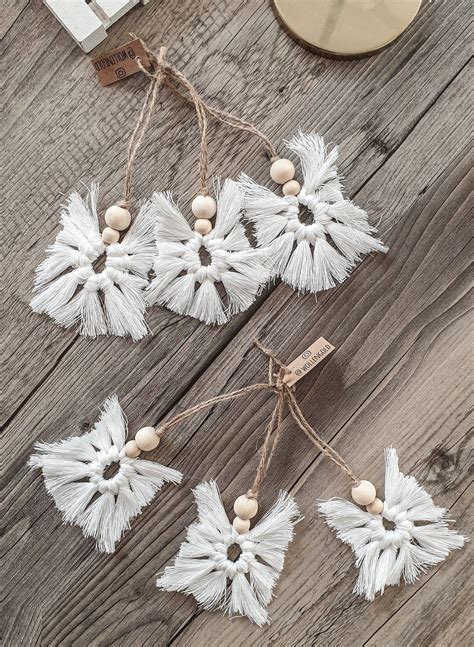 Macrame Christmas Tree Ornaments Wooden Hanger Angel Set | Etsy ...