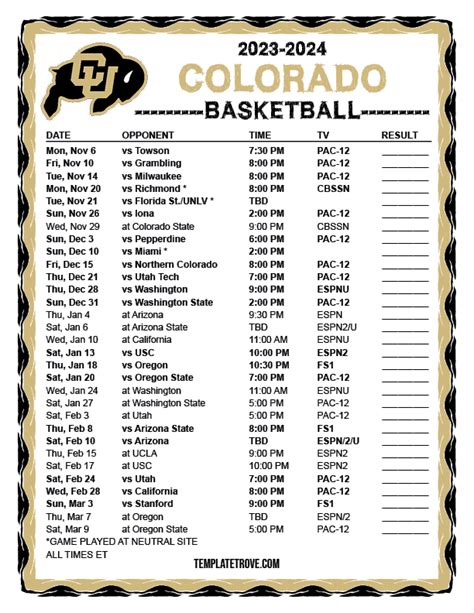 Printable 2023-2024 Colorado Buffaloes Basketball Schedule