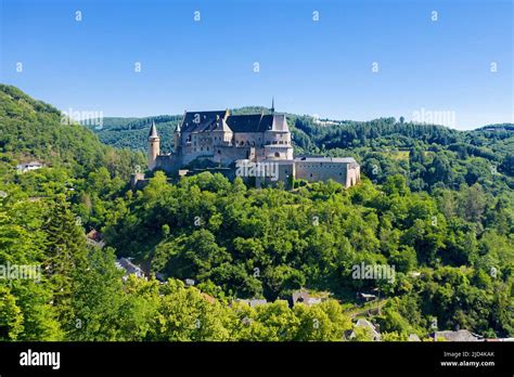 Aerial view of Vianden castle, canton of Vianden, Grand Duchy of ...