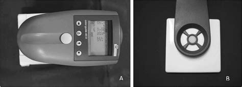 A) Spectrophotometer PCB 6807 (Byk Gardner). B) Sample placed on a ...