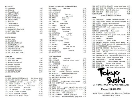 Tokyo Sushi Menu, Menu for Tokyo Sushi, St. James-Assiniboia, Winnipeg ...