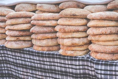 Typical traditional Moroccan bread on street food stall, Marrakesh ...