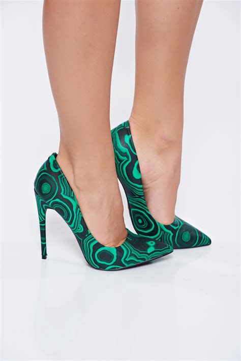 Elegant stiletto green high heels shoes with print details